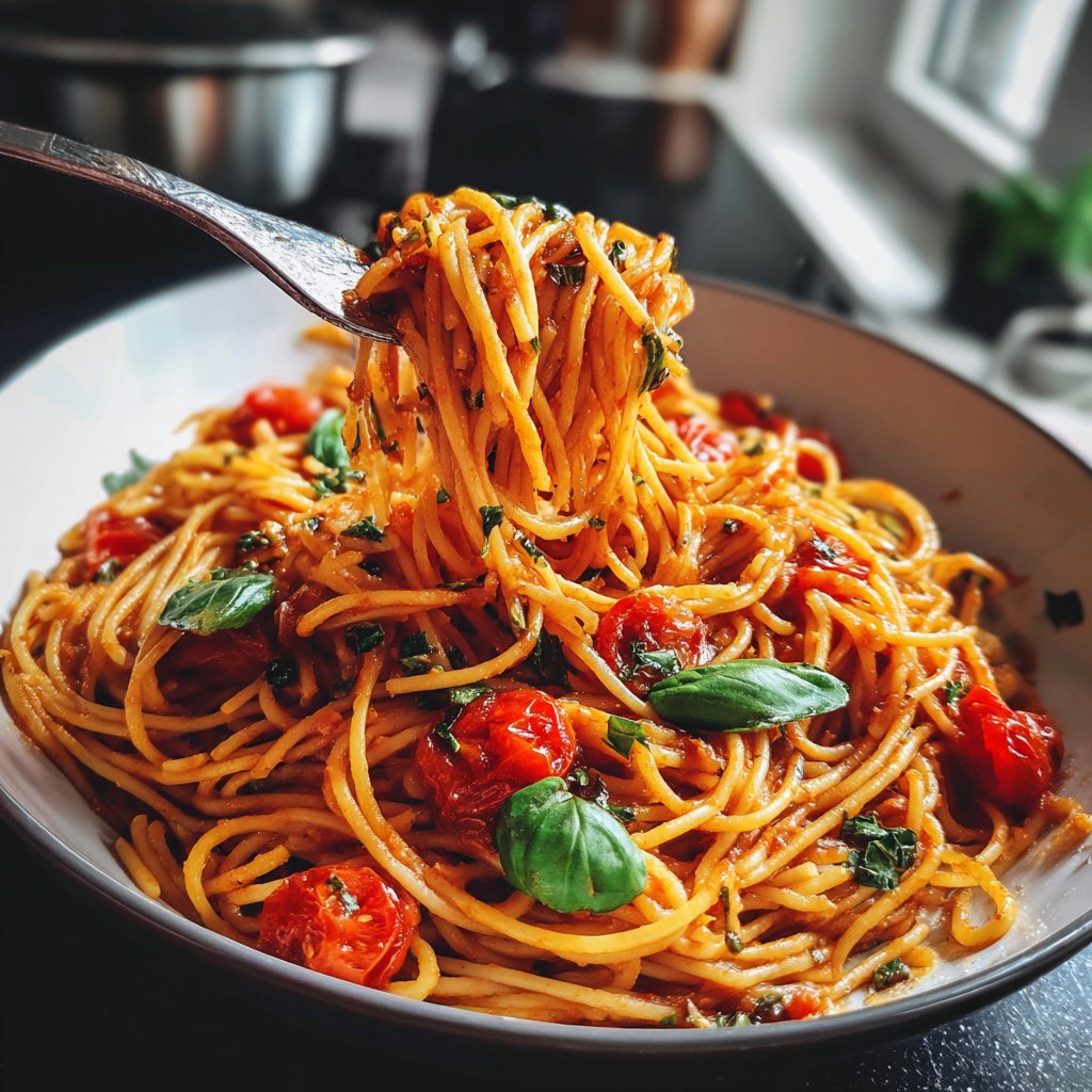 Spaghetti mit Tomaten und Basilikum
